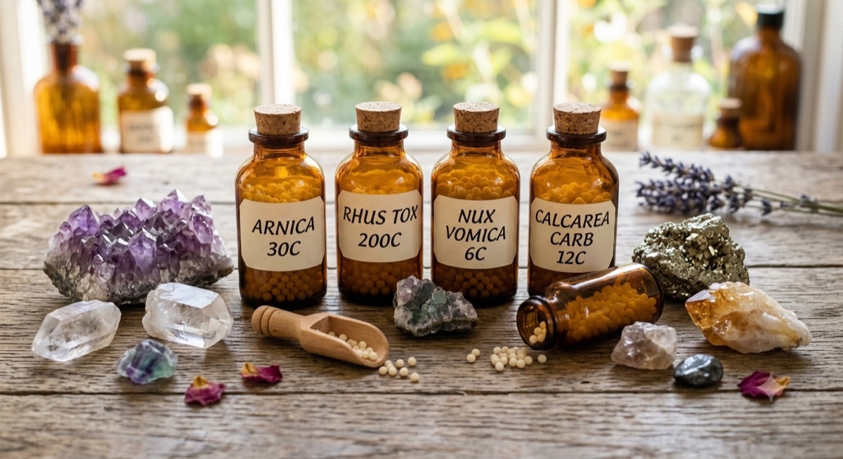 תרופות הומאופתיות (ARNICA, RHUS TOX, NUX VOMICA, CALCAREA CARB) לצד גבישי מינרלים